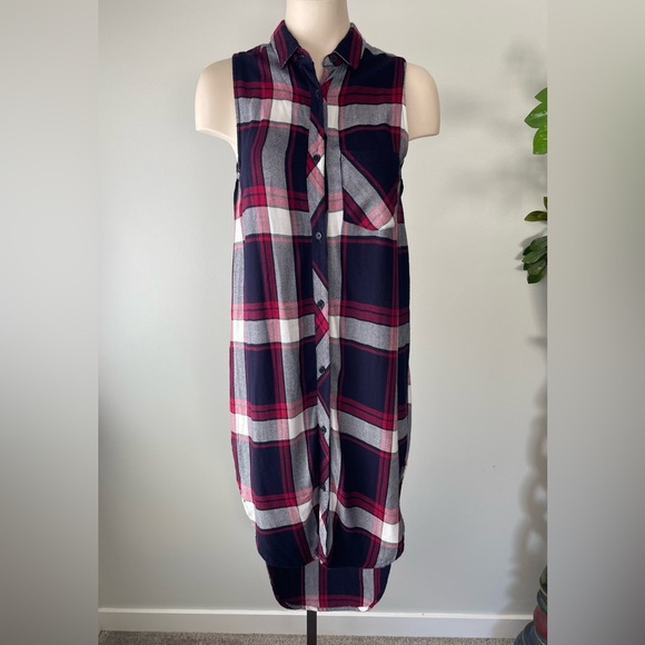 Rails Plaid Sleeveless Tunic Button Down Red Blue Long Longline Maxi Size XS - Picture 1 of 10